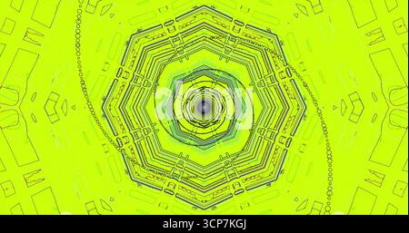 Le forme di verde neon brillante formano un motivo geometrico simmetrico. Il design presenta linee e cerchi intricati, creando un effetto visivo ipnotico Foto Stock