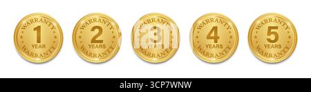 Set di segnali di garanzia. 1,2,3,4,5 anni di garanzia. Illustrazione vettoriale isolata su sfondo bianco. Illustrazione Vettoriale