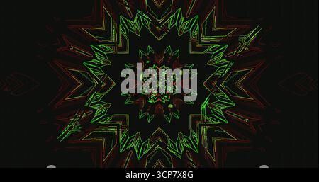 Questa opera d'arte presenta un sorprendente design astratto con una forma a stella al centro. Le linee verdi e rosse brillanti formano intricati motivi contro una bac scura Foto Stock