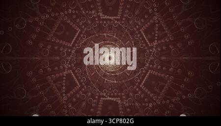 Un design geometrico complesso con motivi e forme vorticosi in tonalità marrone scuro. I dettagli intricati portano l'occhio al centro, creando una m Foto Stock