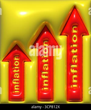 Frecce rosse rivolte verso l'alto con la scritta Inflation (gonfiaggio). Le frecce si trovano su uno sfondo giallo lucido. Illustrazione del rendering 3D. Foto Stock