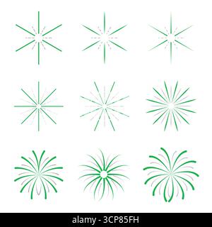 Set piatto di fuochi d'artificio verdi, fuochi d'artificio per Capodanno, decorazioni natalizie Illustrazione Vettoriale