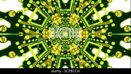 Forme verdi e gialle brillanti formano complessi motivi geometrici che si irradiano dal centro. Questo design astratto affascina con la sua energia vivace Foto Stock