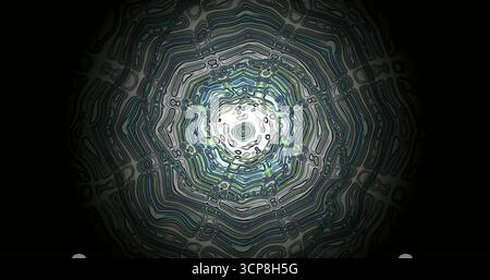 Questa opera d'arte presenta un design complesso pieno di colori vivaci e linee fluide disposte in un motivo circolare. Le forme vorticose creano una e. Foto Stock