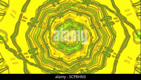 Un design vivace mostra linee gialle e verdi sovrapposte che formano cerchi concentrici, creando un ipnotico motivo astratto con un intricato detai Foto Stock