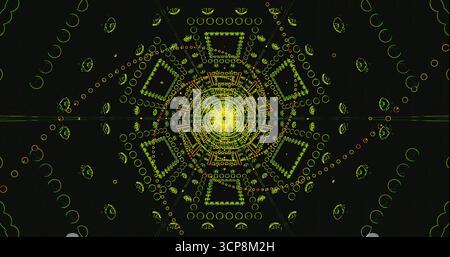 Fantasie intricate con sfumature gialle e verdi brillanti si mescolano in una disposizione circolare. Il design mostra forme e linee geometriche, creando un hypn Foto Stock
