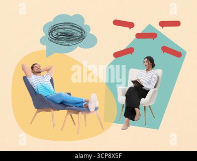 Psicologo che lavora con il cliente, collage creativo. Palloncini da discorso sopra uomo e donna Foto Stock