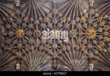 Edimburgo, Scozia - 19 giugno 2010: Il soffitto a volta con lierne poco profondo con i maestosi boss centrali raffiguranti i simboli religiosi e nazionali c Foto Stock