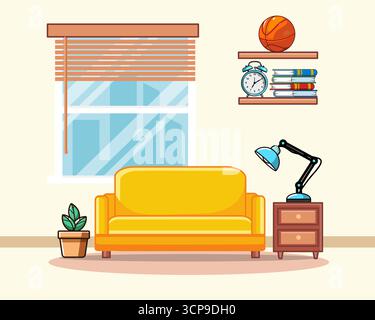 Accogliente interno del soggiorno con mobili e decorazioni, illustrazione vettoriale, design piatto Illustrazione Vettoriale