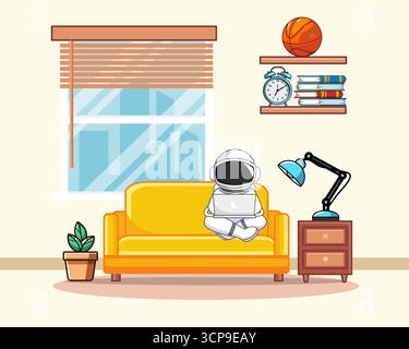 Simpatico astronauta che lavora da casa nell'accogliente salotto con illustrazione vettoriale per laptop Illustrazione Vettoriale