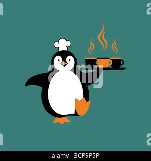 Happy World Coffee Day festeggia con un affascinante barista di pinguini che serve bevande calde vettoriali Illustrazione Vettoriale