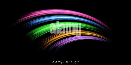 Linee luminose di colori diversi. Onde di energia realistiche al neon dinamico. Effetto di luce curva astratta su sfondo scuro. Illustrazione vettoriale. Illustrazione Vettoriale