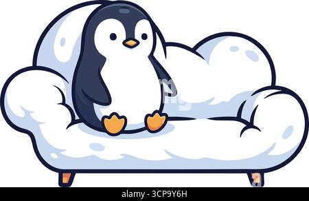 Accogliente divano Penguin on Cloud. Questa affascinante illustrazione raffigura un piccolo uccello antartico che riposa comodamente su un morbido sedile celeste bianco. Trasmette Illustrazione Vettoriale