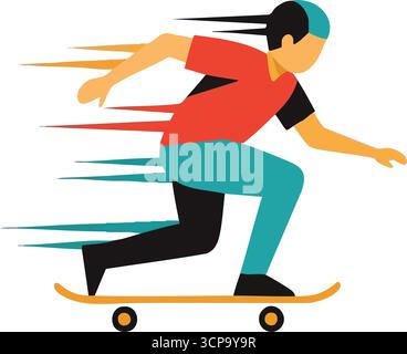 Pattinaggio dinamico in accelerazione. Energico vettore piatto di una persona skateboard con linee di velocità. Rappresenta agilità, sport urbani e movimento rapido. Illustrazione Vettoriale