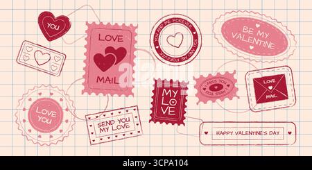 Collezione di francobolli d'amore di San Valentino con romantici segni postali: Badge a cuore, sigilli per buste postali e francobolli circolari per biglietti d'auguri o scrapbooking. Design vintage per la celebrazione del 14 febbraio. Illustrazione Vettoriale