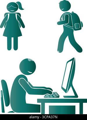 Figure con bastone verde che rappresentano gli studenti che imparano e utilizzano la tecnologia isolata su sfondo bianco Illustrazione Vettoriale