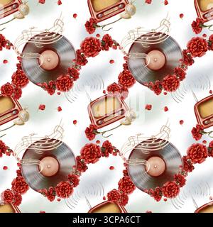 Simbolo della rivoluzione del garofano del disco in vinile con vecchia etichetta, fiori di garofano rossi, stand musicale con note stilizzate di colore beige, vintage, nostalgico Foto Stock