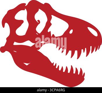 Icona rossa del cranio Tyrannosaurus Rex. Audace illustrazione preistorica in cranio di dinosauro cremisi su uno sfondo scuro. Questa potente immagine rappresenta ancie Illustrazione Vettoriale
