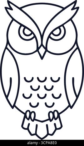 Grafica vettoriale minimalista Wise Owl. Emblema elegante con un uccello notturno intelligente, che simboleggia intuizioni, conoscenza e attività educative. Illustrazione Vettoriale