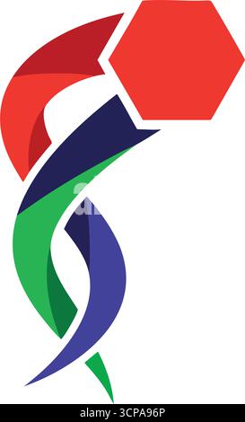 Simbolo astratto esagono dinamico. Una grafica moderna e vibrante che mostra una forma rossa a sei lati sopra elementi fluenti intrecciati in blu e verde. Ripr Illustrazione Vettoriale