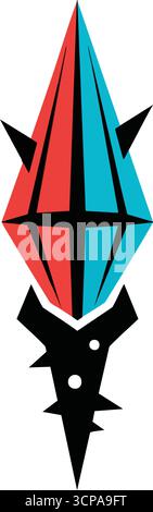 Design glifi astratti a doppio tono. Questo straordinario emblema geometrico presenta sfaccettature color cremisi e cerulesi a contrasto su una base scura a punta. Incarna Illustrazione Vettoriale