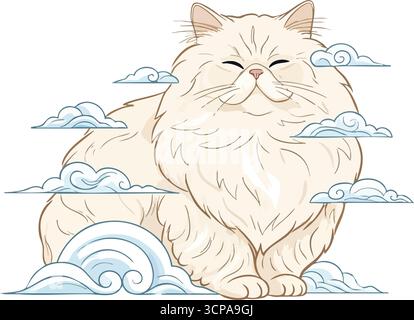 Adorabile e soffice gatto sulle nuvole. Questa deliziosa opera d'arte presenta un animale domestico beato tra formazioni di vapore celesti. Simboleggia il massimo comfort, tranq Illustrazione Vettoriale