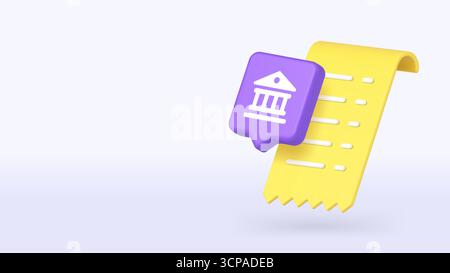 Moderna icona 3D che combina un'immagine bancaria e ricevuta che rappresenta servizi finanziari, servizi bancari digitali e operazioni di pagamento online. Ideale per la finanza Illustrazione Vettoriale