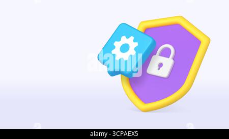 La luminosa icona dello scudo 3D con lucchetto e ingranaggio simboleggia la sicurezza digitale, la privacy dell'utente e le funzioni di personalizzazione del sistema. Ideale per Web e tecnologia interfa Illustrazione Vettoriale