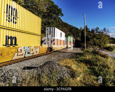 Fort Montgomery, Stati Uniti - 17 ottobre 2021: Veduta aerea di un treno merci che trasporta colorati container attraverso il lussureggiante paesaggio verde. Foto Stock