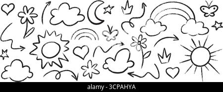 Scarabocchi disegnati a mano da bambino per la scuola con graziosi disegni per bambini: Cuori e fiori, sole e nuvole, arcobaleno. Illustrazione Vettoriale