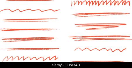 Pennello con linea rossa e sottolineatura a matita e texture a matita per un design grafico: Segni ondulati, elementi dritti Illustrazione Vettoriale