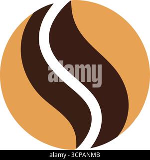 Emblema astratto del chicco di caffè. Grafica moderna che mostra due elementi marroni e fluidi all'interno di una sfera abbronzata, che rappresentano vitalità e gusto ricco. Illustrazione Vettoriale