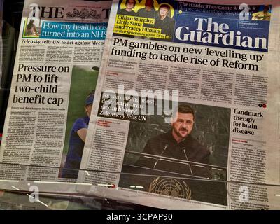 I giornali britannici riportano il discorso di Zelenskyy all'Assemblea generale delle Nazioni Unite , che avverte la Russia causando la corsa agli armamenti più distruttiva della storia Foto Stock