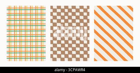 Set di motivi astratti a scacchi e striati. Griglia a forma di scarabocchio, disegni a linee, trame infinite con plaid, scacchiera, striscia diagonale Illustrazione Vettoriale