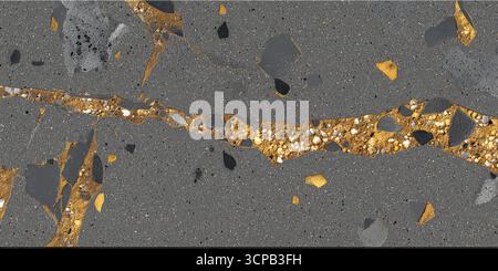 Struttura astratta in calcestruzzo rotto con pietre esposte e venature minerali dorate lucide. Foto Stock