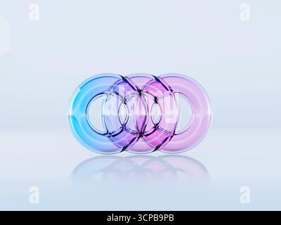 Sfondo in stile vetro astratto con tre cerchi di cristallo colorati a gradiente illustrazione di rendering 3D. Foto Stock