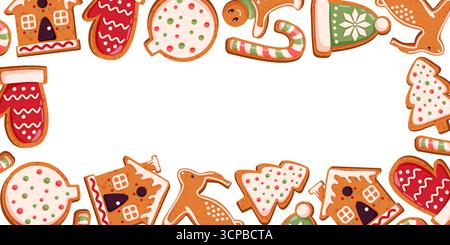 Bordo festivo con biscotti di pan di zenzero a forma di casa, guanti, renne, albero, canna da zucchero su sfondo bianco per il design delle vacanze natalizie Illustrazione Vettoriale