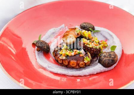 Ristorante di lusso, antipasto gourmet, insalata di polpo, piatto rosso, piatti raffinati, piatto esclusivo Foto Stock