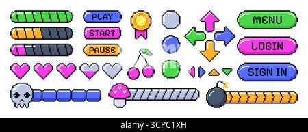 Set vettoriale di icone di vita di gioco pixel a 8 bit, barra di avanzamento del caricamento, pulsanti di menu e frecce. Elementi per videogiochi retrò, interfaccia utente arcade, livelli di energia con cuore, bomba, cranio. Elementi controller pixellati. Illustrazione Vettoriale