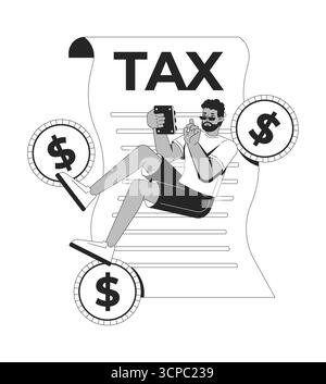 Uomo nero contribuente con modulo fiscale e concetto di illustrazione della linea di calcolo Illustrazione Vettoriale