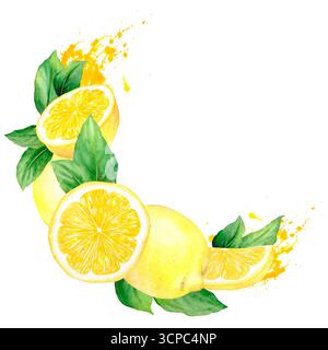 Limoni gialli, fette e metà di limone, foglie, schizzi. Corona di acquerelli, illustrazione disegnata a mano, isolata su sfondo bianco. Adatto per i menu Foto Stock