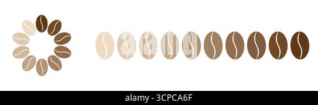 Scala infografica del livello di tostatura dei chicchi di caffè con icona vettoriale dell'intensità sfondo marrone Vista dall'alto immagine dei chicchi che mostra luce media scura Illustrazione Vettoriale