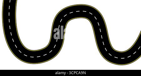 Immagine vettoriale con vista dall'alto di una strada curva a due corsie con contrassegni tratteggiati percorso tortuoso e superficie asfaltata ideale per le icone delle mappe di viaggio autostrada Illustrazione Vettoriale