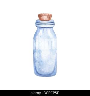 Matraccio in vetro con tappo in legno. Flacone vuoto per liquidi, pozioni, medicinali, acqua. Illustrazione in acquerello di un flacone vuoto isolato su sfondo bianco Foto Stock