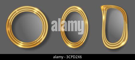 Set di cornici rotonde in oro per immagini isolate. Spazio vuoto per la pittura, la carta o la foto 3d realistico mockup di modelli di cerchi dorati e di lusso Illustrazione Vettoriale