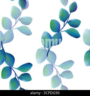 Bellissimo eucalipto blu e verde su sfondo bianco, motivo floreale senza cuciture. Acquerello digitale Foto Stock