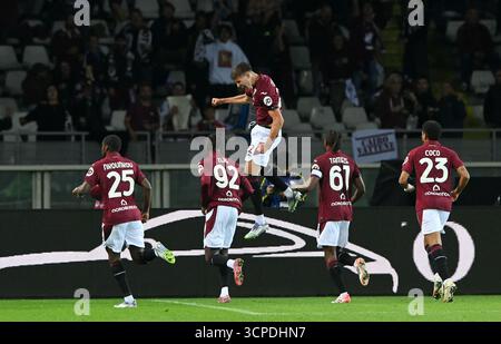Cesare Casadei del Torino FC celebra il gol durante la partita di Coppa Italia tra Torino FC e Pisa SC allo Stadio Olimpico grande Torino il 13 settembre 2025 a Torino. (Foto di Chris ricco) Foto Stock