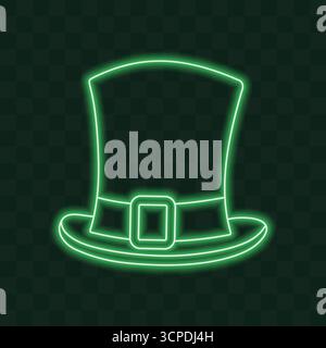 Cappello leprechaun icona adesivo pittogramma elemento di design minimalista effetto neon luminoso in verde alla moda. Illustrazione del vettore isolato opuscoli di invito di San Patrizio, banner, etichetta del prezzo, etichette Illustrazione Vettoriale