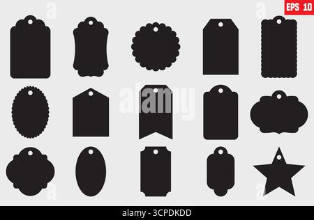 Impostare etichette dei prezzi in carta nera o etichette regalo. Etichette di carta con cavo. Illustrazione Vettoriale