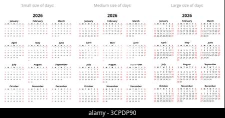 2026 semplici calendari con diverse dimensioni di giorni. Design dell'anno vettoriale inglese (la settimana inizia domenica) Illustrazione Vettoriale